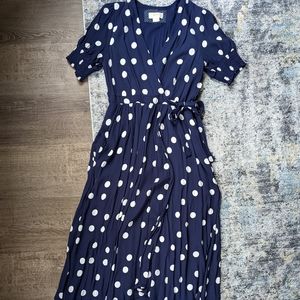 Tea length navy and cream polka dot summer dress